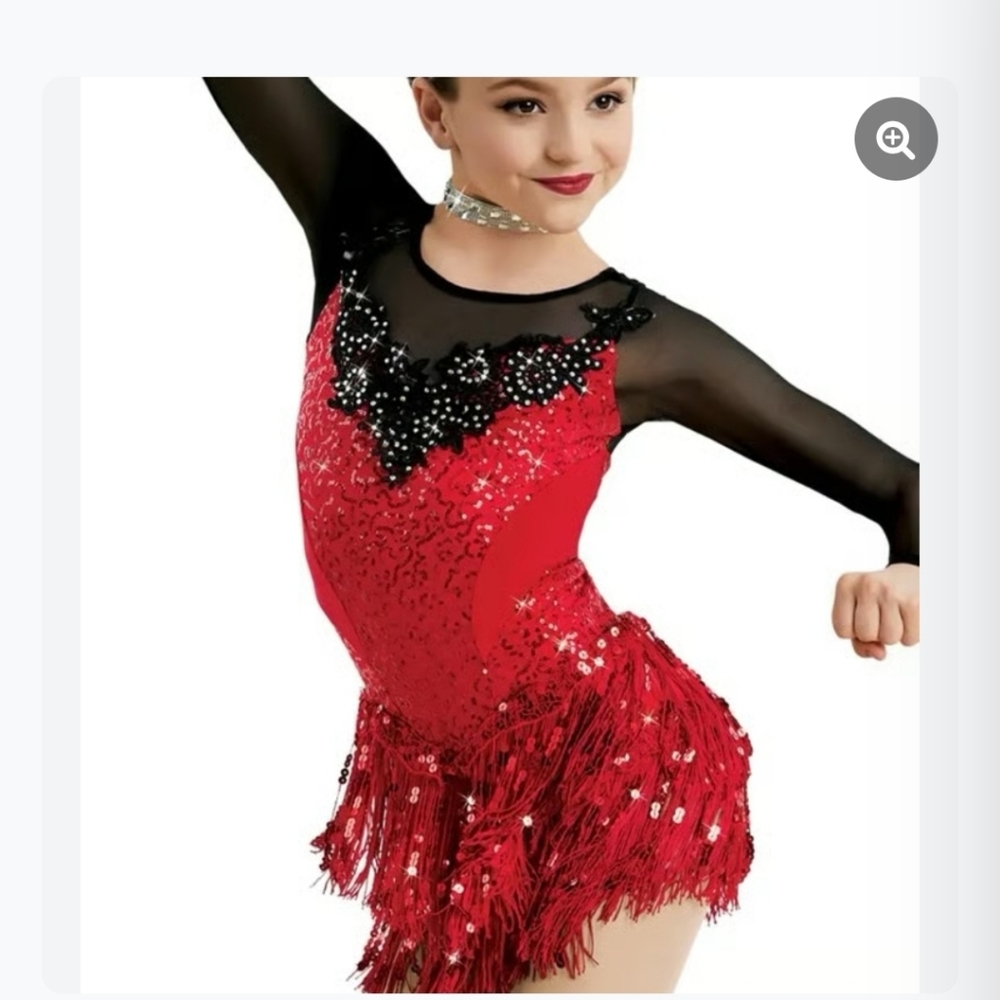 Weissman Red Sequin Fringe Dance Costume with Black Sheer Top